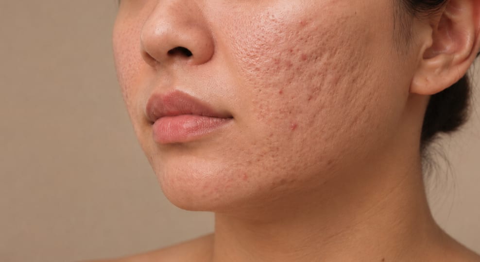 Close-up of a cheek showing textured acne scarring