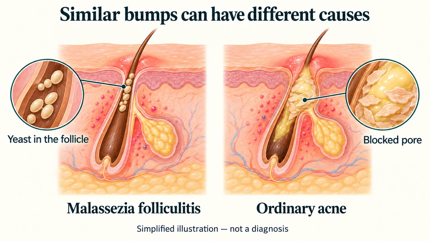 Illustration comparing Malassezia folliculitis, with yeast in the hair follicle, and ordinary acne, with a blocked pore. Simplified illustration, not a diagnosis.