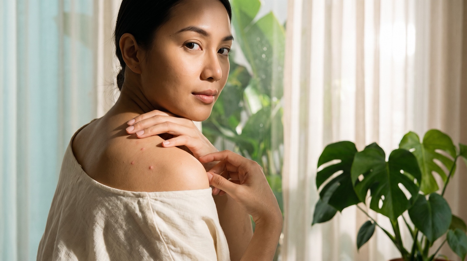 A woman looking over her shoulder at a few small bumps on her upper back and shoulder