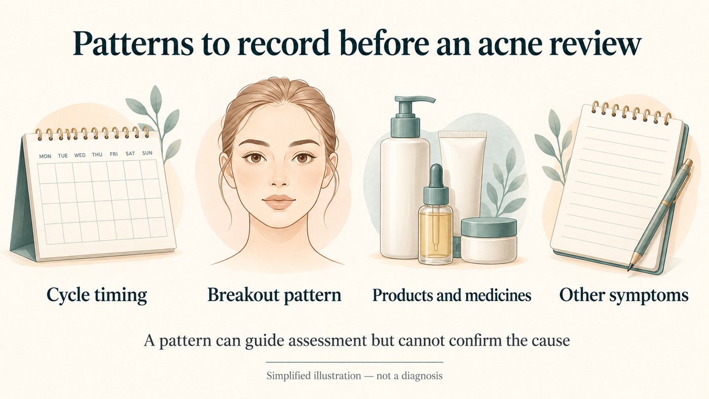 Illustration of patterns to record before an acne review: cycle timing, breakout pattern, products and medicines, and other symptoms.