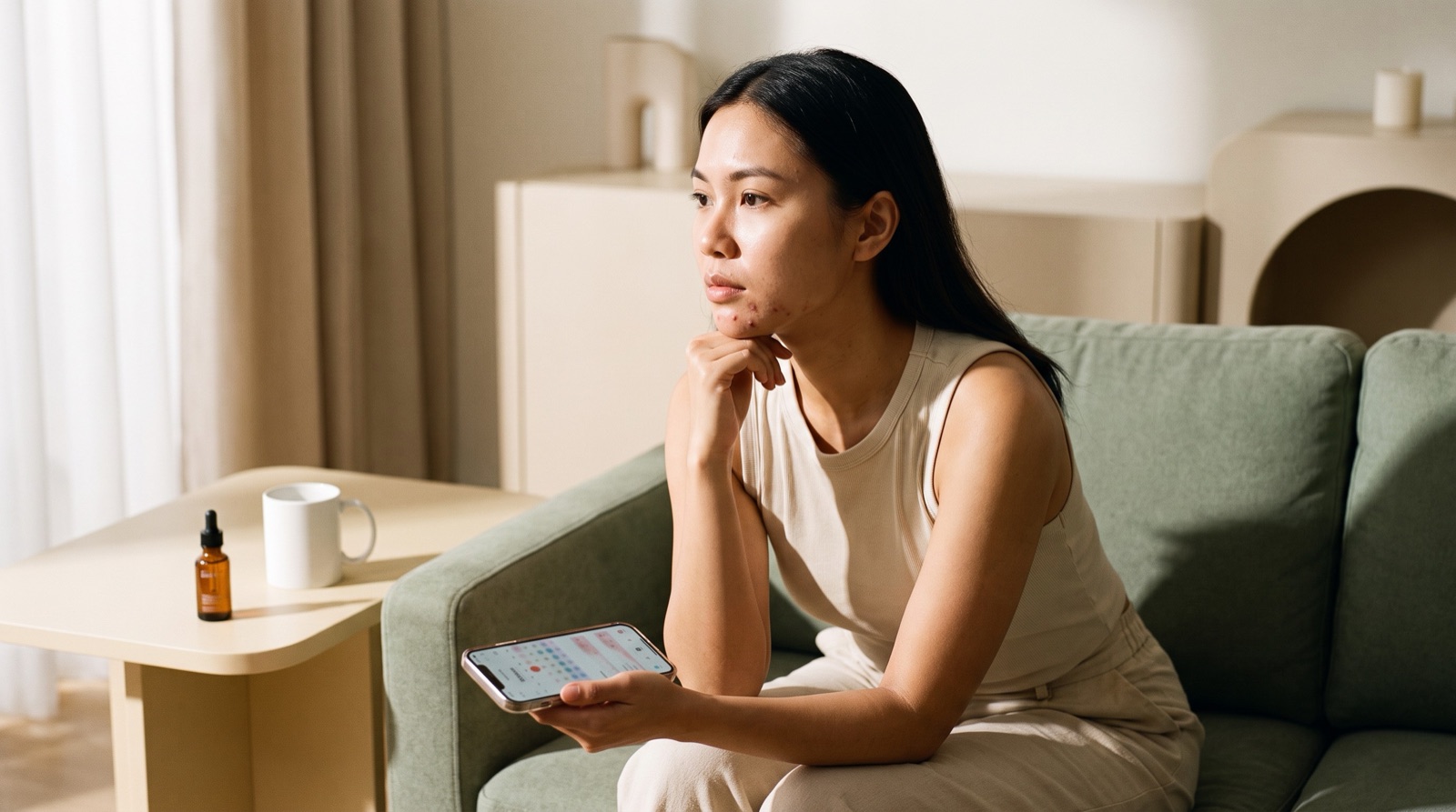 A woman on a sofa checking a cycle-tracking app on her phone, with a few breakouts on her chin