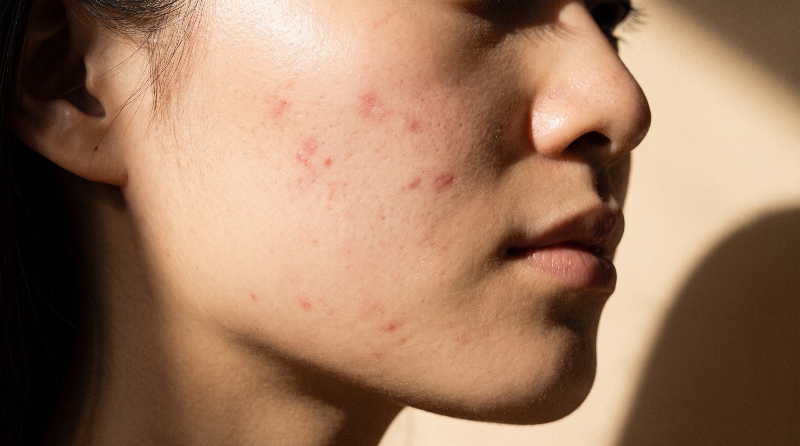 Close-up of a cheek with flat pink-red marks left after acne