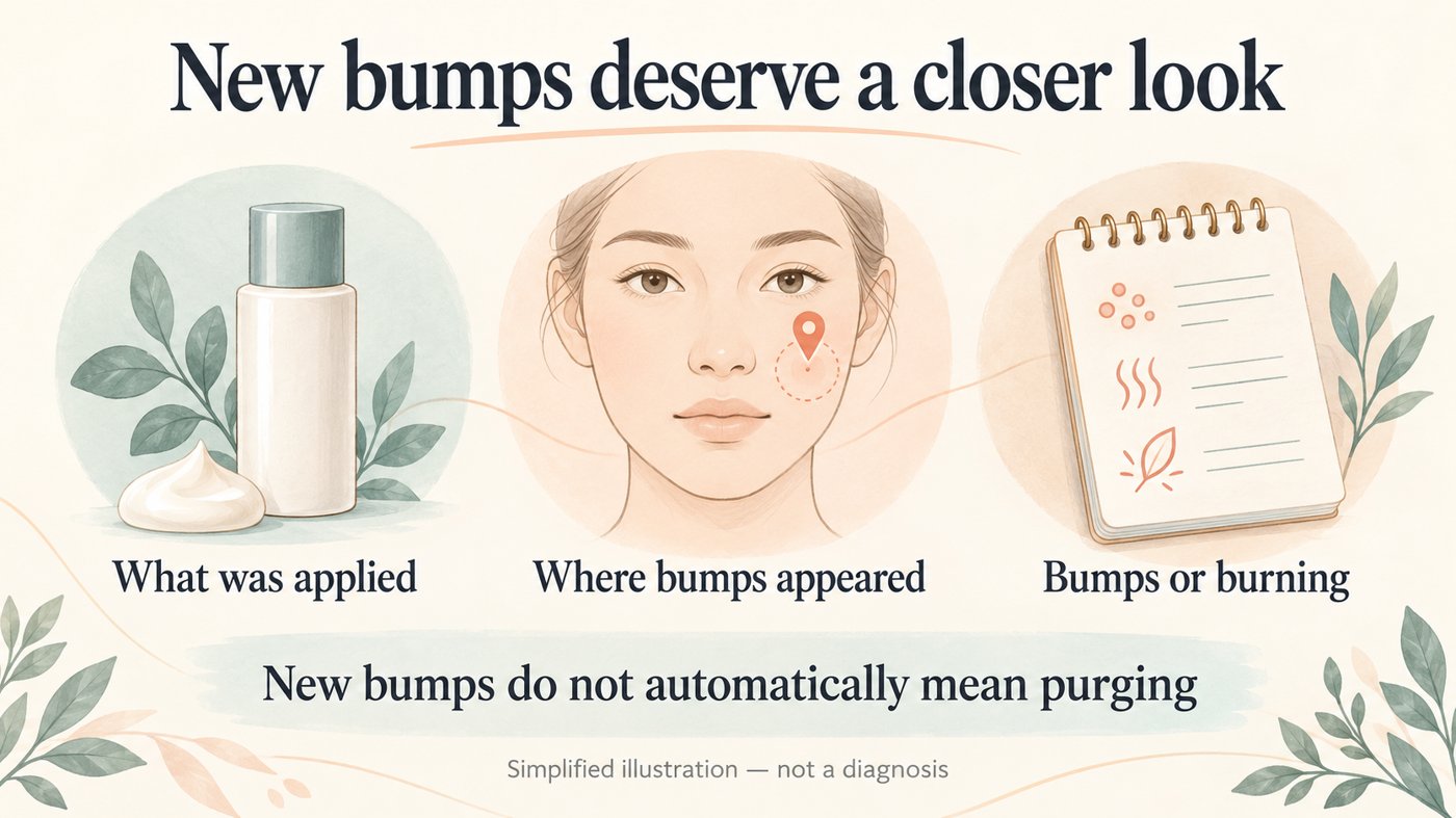 Illustration of what to note about new bumps: what was applied, where the bumps appeared, and bumps or burning. New bumps do not automatically mean purging.