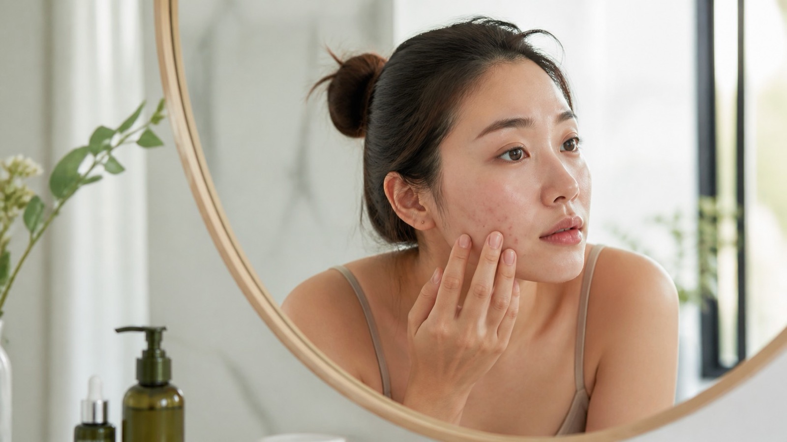 A woman checking new bumps and redness on her cheek in a bathroom mirror