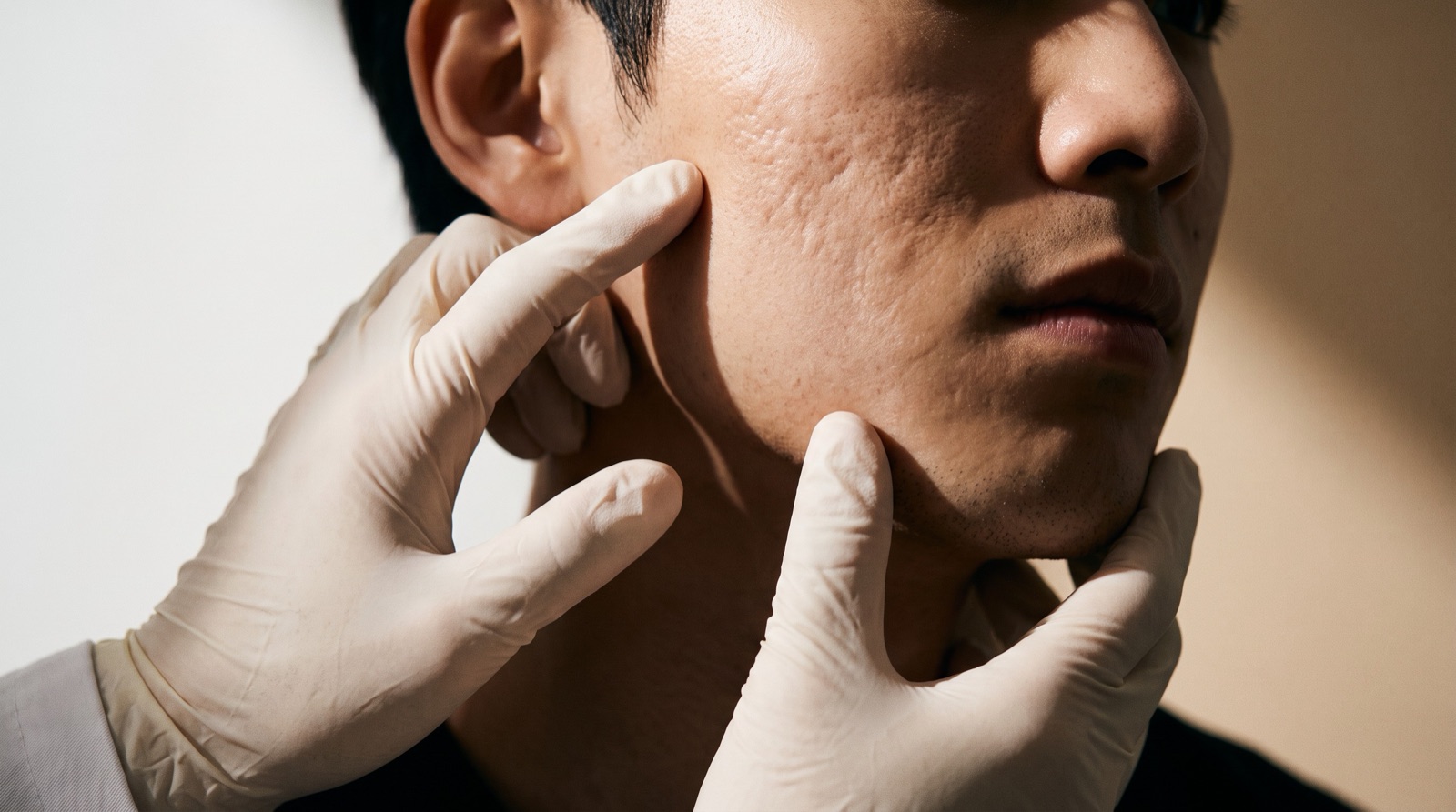 A doctor's gloved hands examining rolling acne scars on a man's cheek