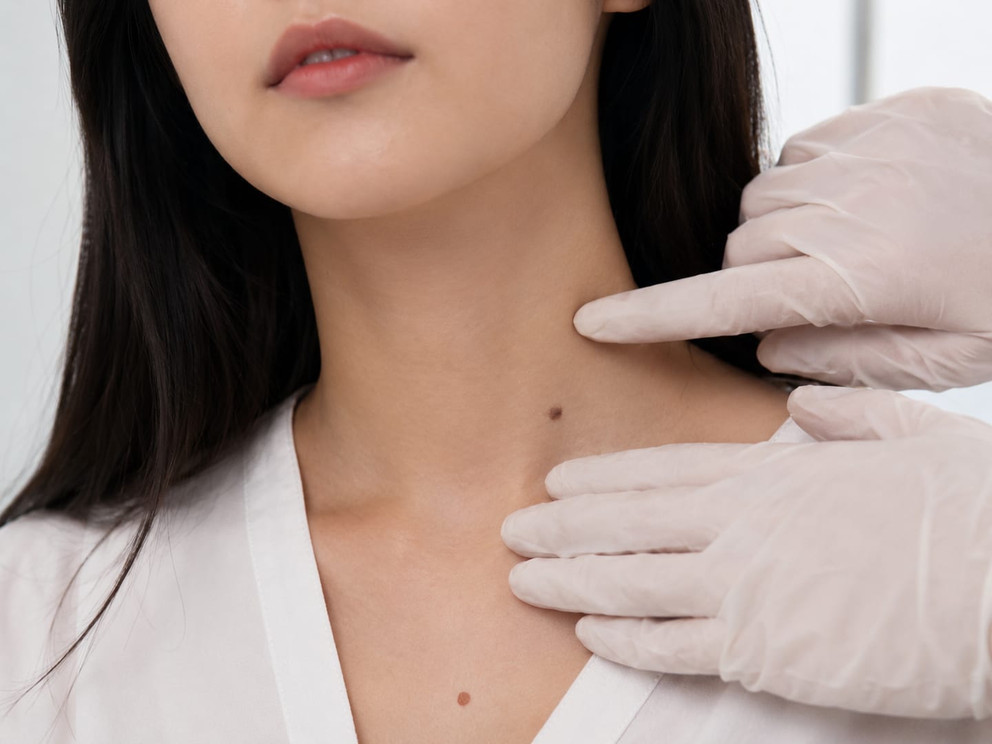 Doctor examining a mole on a patient's neck during a skin assessment