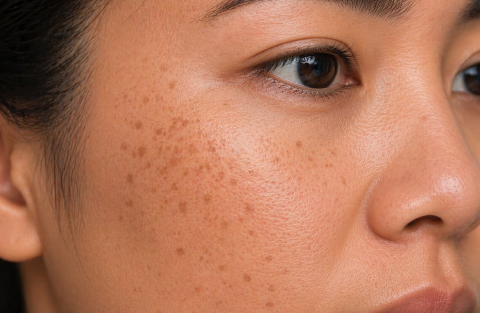 Close-up of pigmentation and sunspots across a cheek