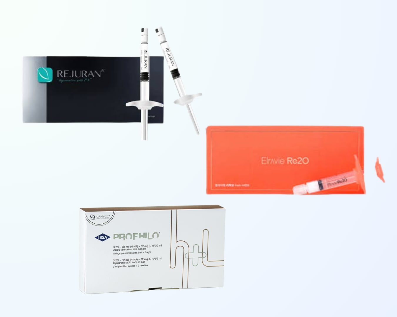 Rejuran, Re2O and Prof5ilo skin booster packaging side by side